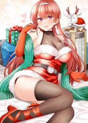 Rule 34 | 1girl, ass, belt, black belt, black thighhighs, breasts, christmas, dress, earrings, elbow gloves, feather earrings, feathers, fur-trimmed dress, fur trim, gift, gloves, goat, hairband, heart, high heels, jewelry, kantai collection, large breasts, long hair, looking at viewer, nevada (kancolle), open mouth, red eyes, red footwear, red gloves, red hair, revision, rui shi (rayze ray), santa dress, short dress, sleeveless, sleeveless dress, solo, thighhighs, very long hair