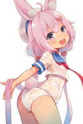 Rule 34 | 1girl, ahoge, animal ear fluff, animal ears, ass, blush, crop top, from behind, hair ornament, hairclip, hat, holding, holding own hair, leaning forward, long hair, looking back, low twintails, one-piece swimsuit, open mouth, outstretched arm, pink eyes, pink hair, rabbit ears, rabbit tail, school swimsuit, school uniform, see-through, serafuku, shirt, simple background, siragagaga, smile, solo, swimsuit, tail, tomari mari, tomari mari channel, twintails, very long hair, virtual youtuber, wet, wet clothes, wet shirt, wet swimsuit, white background, white hat, white one-piece swimsuit, white school swimsuit, white shirt