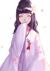 Rule 34 | 1girl, alternate hairstyle, black hair, commentary request, flower, hair flower, hair ornament, high ponytail, hyuuga hinata, japanese clothes, kimono, long hair, looking at viewer, naruto, naruto (series), naruto shippuuden, nho (316784766), no lineart, no pupils, petals, purple eyes, sleeves past fingers, sleeves past wrists, solo, uchikake, wide sleeves