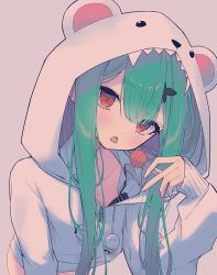 Rule 34 | 1girl, absurdres, animal hood, bear hood, candy, commentary request, food, green hair, hand up, highres, hikap, holding, holding candy, holding food, holding lollipop, hololive, hololive fantasy, hood, hood up, hooded jacket, jacket, leaning forward, lollipop, long hair, long sleeves, looking at viewer, open mouth, red eyes, simple background, sleeves past wrists, solo, uruha rushia, uruha rushia (school uniform), virtual youtuber, white jacket