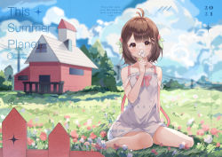 Rule 34 | 1girl, absurdres, antenna hair, bare legs, barefoot, blurry, blurry background, blush, bow, brown hair, collarbone, commission, day, dress, english text, fence, flower, full body, grasslands, guzangnanfeng, hair ornament, hairclip, hand up, highres, holding, holding flower, house, looking at viewer, medium hair, mole, mole under eye, official art, original, outdoors, pink bow, scenery, sitting, sleeveless, solo, tareme, wariza, white dress