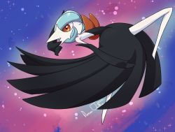 Rule 34 | 1girl, alternate color, arm behind head, arm up, artist name, bare shoulders, black dress, black gloves, blue hair, bob cut, closed mouth, colored skin, creatures (company), dated, dress, elbow gloves, female focus, flat chest, from side, full body, game freak, gardevoir, gen 3 pokemon, gloves, hair over one eye, happy, highres, leaning back, leg up, legs, looking at viewer, mega gardevoir, mega pokemon, nanaeljustice, nintendo, one eye covered, orange eyes, pokemon, pokemon (creature), shiny pokemon, short hair, signature, smile, solo, space, sparkle, strapless, strapless dress, white skin