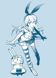 Rule 34 | 10s, 1girl, :3, black panties, blue background, blue theme, blush, elbow gloves, gloves, hairband, kantai collection, lifebuoy, long hair, looking at viewer, monochrome, navel, panties, panty lift, personification, rensouhou-chan, shimakaze (kancolle), skirt, striped clothes, striped thighhighs, swim ring, thighhighs, tsushiko (nigelle), underwear