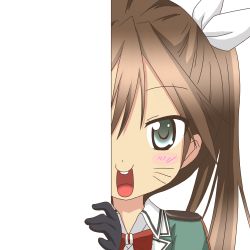 Rule 34 | 10s, 1girl, black gloves, brown hair, gloves, green eyes, hair ribbon, kantai collection, looking at viewer, nagineko, open mouth, peeking out, ribbon, school uniform, solo, tone (kancolle), transparent background, whiskers