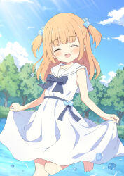 Rule 34 | 1girl, blonde hair, blunt bangs, blush, bow, bowtie, closed eyes, day, dress, feet out of frame, forest, hair bobbles, hair ornament, highres, medium hair, nature, open mouth, original, outdoors, sailor dress, sidelocks, skirt hold, smile, solo, splashing, two side up, tyakomes, wading