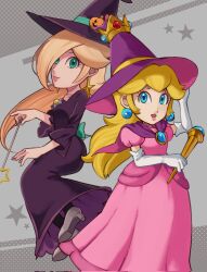 Rule 34 | 2girls, back bow, blonde hair, blue eyes, bow, brooch, capelet, commentary, crown, dress, earrings, elbow gloves, eyelashes, floating, gloves, hair over one eye, hat, highres, holding, holding wand, jack-o&#039;-lantern hat ornament, jewelry, long hair, looking at viewer, mario (series), mario kart, mario kart tour, multiple girls, nintendo, official alternate costume, pink dress, princess peach, princess peach (halloween), puffy short sleeves, puffy sleeves, purple dress, purple headwear, rosalina, rosalina (halloween), sasaki sakiko, short sleeves, smile, star (symbol), star brooch, star earrings, symbol-only commentary, wand, white gloves, witch hat