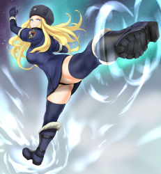 Rule 34 | 1girl, anagumasan, black gloves, black panties, black thighhighs, blonde hair, blue eyes, boots, breasts, buttons, capcom, coat, fur hat, fur trim, gloves, gluteal fold, hat, highres, kicking, kolin, lips, long hair, looking at another, muscular, muscular female, panties, pantyshot, solo, standing, standing on one leg, street fighter, street fighter v, thick thighs, thighhighs, thighs, underwear, ushanka, wavy hair, wide hips, winter clothes, winter coat, zettai ryouiki
