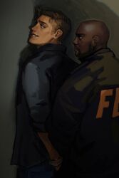 Rule 34 | 2boys, against wall, arrest, bald, beard, cowboy shot, dark-skinned male, dark skin, dean winchester, eye contact, facial hair, highres, implied yaoi, looking at another, looking back, male focus, multiple boys, mustache, naughty face, pinned, police, police uniform, rozavay, short hair, smile, supernatural (tv series), uniform, victor henriksen