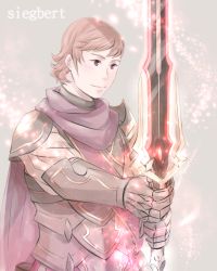 Rule 34 | 1boy, armor, cape, character name, fire emblem, fire emblem fates, gloves, grey background, male focus, nintendo, pink hair, red eyes, siegbert (fire emblem), solo, sparkle, sword, tico, upper body, weapon