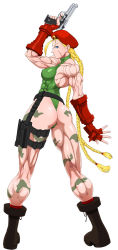 Rule 34 | 1990s (style), 1girl, abs, ahoge, armband, armor, armpits, ass, bag, bare shoulders, belt, beret, blonde hair, blue eyes, bodysuit, boots, braid, breasts, cammy white, capcom, combat boots, covered erect nipples, elbow gloves, fingerless gloves, from behind, gauntlets, gloves, gun, handgun, hat, highleg, highleg leotard, highres, hip focus, holster, huge ahoge, huge ass, legs, leotard, long hair, looking back, making-of available, muscular, pistol, retro artstyle, scar, shopyun, sideboob, signature, skin tight, socks, solo, spikes, street fighter, street fighter ii (series), thick thighs, thigh holster, thighs, thong leotard, thumbs up, trigger discipline, twin braids, very long hair, weapon, wide hips