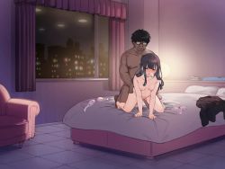 Rule 34 | 1boy, 1girl, absurdres, age difference, arm support, ass grab, bed, bedroom, city, unworn clothes, completely nude, curtains, dark-skinned male, dark skin, doggystyle, fat, fat man, glasses, highres, lamp, mankai kaika, night, nude, on bed, open mouth, sex, sex from behind, ugly man, window