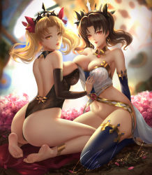 Rule 34 | 2girls, absurdres, alternate breast size, ass, asymmetrical legwear, asymmetrical sleeves, back, bare shoulders, barefoot, blonde hair, breasts, brown hair, chunhwei lee, cleavage, commentary, earrings, elbow gloves, english commentary, ereshkigal (fate), fate/grand order, fate (series), feet, gloves, highres, hoop earrings, ishtar (fate), jewelry, large breasts, looking at viewer, multiple girls, neck ring, parted bangs, parted lips, red eyes, red ribbon, ribbon, siblings, single elbow glove, single thighhigh, sisters, sitting, thighhighs, thighs, uneven legwear, uneven sleeves, yellow eyes