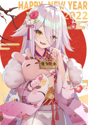 Rule 34 | 1girl, absurdres, amco, blush, branch, cat, commission, english text, flower, hair between eyes, hair flaps, hair flower, hair ornament, happy new year, highres, holding, japanese clothes, kimono, long hair, looking at viewer, mole, mole under eye, nail polish, new year, open mouth, pixiv commission, rainbow, seigaiha, sign, smile, solo, standing, stuffed animal, stuffed toy, upper body, virtual youtuber, vomiting rainbows, yellow eyes