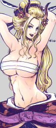 Rule 34 | 1girl, absurdres, armpits, arms behind head, arms up, artist name, bandages, black maria (one piece), blonde hair, blue eyes, breasts, budget sarashi, cleavage, collarbone, cowboy shot, curled horns, flower, grey background, hair flower, hair ornament, highres, horns, japanese clothes, kimono, large breasts, licking lips, lips, lipstick, long hair, looking at viewer, makeup, misokkasu, navel, one piece, parted lips, red lips, sarashi, seductive smile, simple background, sketch, smile, solo, stomach, sword, tongue, tongue out, underboob, very long hair, weapon
