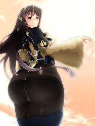 Rule 34 | 1girl, apron, artist request, ass, black hair, blue eyes, blush, bodysuit, breasts, from behind, gradient hair, headgear, highres, horizon ariadust, huge ass, kyoukaisenjou no horizon, large breasts, long hair, long sleeves, looking at viewer, medium breasts, multicolored hair, pantyhose, shiny clothes, sideboob, silver hair, solo, tears, thick thighs, thighhighs, thighs, thong, very long hair, wavy mouth, wide hips