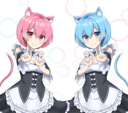 Rule 34 | 10s, 1nilla&#039;, 2girls, animal ears, blue eyes, blue hair, breasts, cat ears, cat tail, cleavage, detached sleeves, frilled sleeves, frills, hair ornament, highres, index finger raised, kemonomimi mode, koi dance, looking at viewer, maid, medium breasts, multiple girls, pink eyes, pink hair, ram (re:zero), re:zero kara hajimeru isekai seikatsu, rem (re:zero), ribbon-trimmed clothes, ribbon trim, short hair, siblings, sisters, smile, tail, twins, underbust, x hair ornament