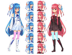 Rule 34 | &gt; &lt;, 0 0, 2girls, :3, :d, :o, black dress, blue hair, blue thighhighs, blush, boots, brown footwear, closed mouth, collarbone, collared dress, commentary request, detached sleeves, dress, expressions, frown, hair ornament, haru to neru (act partner), highres, knee boots, kotonoha akane, kotonoha aoi, long hair, long sleeves, multiple girls, nose blush, open mouth, pink hair, pink legwear, red eyes, siblings, simple background, sisters, sleeveless, sleeveless dress, smile, standing, tears, thighhighs, thighhighs under boots, twins, v-shaped eyebrows, very long hair, voiceroid, white background, white dress, white footwear, wide sleeves