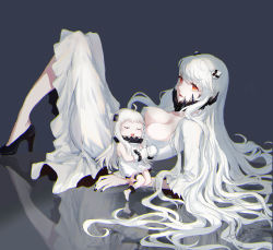 Rule 34 | 10s, 2girls, abyssal ship, ahoge, aiko (kanl), bad id, bad pixiv id, breasts, chromatic aberration, cleavage, dress, closed eyes, high heels, highres, horns, kantai collection, large breasts, long hair, looking at viewer, lying on person, midway princess, mittens, multiple girls, no socks, northern ocean princess, open mouth, orange eyes, pale skin, reflection, sleeping, sleeping on person, smile, very long hair, white dress
