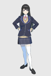 Rule 34 | 1girl, absurdres, black footwear, black hair, blazer, blunt bangs, bow, closed mouth, hair ornament, hairclip, hands on own hips, highres, hime cut, jacket, loafers, long hair, long sleeves, looking at viewer, nijisanji, plaid, plaid skirt, pleated skirt, school uniform, shoes, simple background, skirt, solo, standing, tanaka hirotaka, thighhighs, tsukino mito, tsukino mito (1st costume), virtual youtuber, white thighhighs