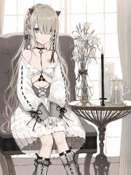 Rule 34 | 1girl, animal ears, bare shoulders, black choker, black nails, black ribbon, blue eyes, braid, candle, chair, choker, closed mouth, collarbone, curtains, dress, eyebrows hidden by hair, fake animal ears, feet out of frame, fire, flower, grey hair, grey socks, hair over one eye, headgear, indoors, kneehighs, knees together feet apart, long hair, long sleeves, looking at viewer, nail polish, off-shoulder dress, off shoulder, on chair, original, ribbon, sitting, sleeves past wrists, socks, solo, table, vase, very long hair, water, white dress, white flower, window, yadapot