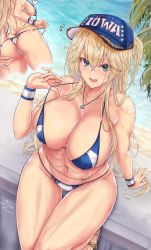 Rule 34 | 1girl, ass, back, bare shoulders, baseball cap, beach, bikini, blonde hair, blue bikini, blue eyes, blue headwear, blush, breasts, cleavage, collarbone, day, hat, highres, iowa (kancolle), jewelry, kantai collection, large breasts, long hair, looking at viewer, mickey dunn, multiple views, navel, navel piercing, necklace, open mouth, piercing, smile, strap pull, swimsuit, thighs, tongue piercing, wet