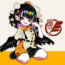 Rule 34 | 1girl, black hair, black skirt, black wings, collared shirt, hat, open mouth, pointy ears, pom pom (clothes), seiza, shameimaru aya, shirt, sitting, skirt, smile, solo, tokin hat, touhou, white shirt, wings, yellow eyes, yt (wai-tei)
