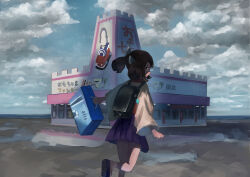 Rule 34 | 1girl, absurdres, backpack, bag, bag charm, beach, black bag, blade, blue sky, box, brown hair, building, charm (object), closed mouth, cloud, cloudy sky, commentary, day, floating hair, foot out of frame, from behind, game console, headgear, hello mac lion, highres, holding, holding box, horizon, japanese clothes, kimono, looking back, medium hair, ocean, okobo, omocha no hello mac, outdoors, playstation 5, pleated skirt, puddle, purple eyes, purple skirt, randoseru, reflection, reflective water, sandals, shade, shiyomifu, short kimono, short twintails, skirt, sky, smile, socks, solo, standing, standing on one leg, surreal, touhoku kiritan, twintails, voiceroid, white kimono, white socks