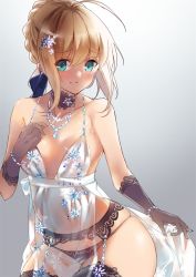 Rule 34 | 1girl, aqua eyes, artoria pendragon (all), artoria pendragon (fate), artoria pendragon (lancer alter) (fate), artoria pendragon (lancer alter) (royal icing) (fate), bare shoulders, black gloves, black legwear, blonde hair, blush, braid, breasts, fate/grand order, fate/stay night, fate (series), gloves, jewelry, ken (coffee michikusa), lingerie, looking at viewer, medium breasts, official alternate costume, saber (fate), see-through, simple background, smile, solo, thighs, underwear