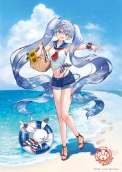 Rule 34 | 1girl, 1other, artist name, basket, beach, bird, blue eyes, blue hair, blue sailor collar, braid, cloud, commentary, contrapposto, crypton future media, day, denim, denim shorts, flower, french braid, hanekoto, hatsune miku, highres, holding, holding basket, innertube, knees together feet apart, light blue hair, long hair, looking at viewer, midriff, navel, necktie, ocean, official art, open mouth, outdoors, outstretched arm, rabbit, rabbit yukine, red necktie, sailor collar, seagull, shadow, shirt, short shorts, shorts, smile, stamp mark, standing, sunflower, swim ring, tied shirt, toeless footwear, twintails, v, very long hair, vocaloid, white shirt, wicker basket, yuki miku