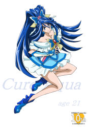 Rule 34 | 00s, 1girl, adapted costume, anniversary, arudebido, bare shoulders, blue eyes, blue hair, brooch, butterfly hair ornament, character name, copyright name, cure aqua, dress, flower, frills, full body, hair flower, hair ornament, jewelry, long hair, magical girl, matching hair/eyes, minazuki karen, aged up, pink rose, ponytail, precure, rose, shoes, skirt, smile, solo, strapless, strapless dress, white background, wide ponytail, wrist cuffs, yes! precure 5, yes! precure 5 gogo!