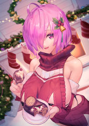 Rule 34 | 1girl, absurdres, ahoge, alternate costume, bell, black panties, breasts, cake, christmas, commentary request, detached sleeves, fate/grand order, fate (series), fingernails, food, hair bell, hair ornament, hair over one eye, highres, holding, holding plate, large breasts, looking at viewer, mash kyrielight, nipple cutout, nippleless clothes, nox13, panties, pink eyes, pink hair, plate, red sweater, short hair, smile, solo, sweater, thong, turtleneck, turtleneck sweater, underwear, whale tail (clothing), yule log (cake)