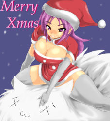 Rule 34 | 1girl, :3, animal, armored core, artist request, breasts, character request, christmas, cleavage, cleavage cutout, clothing cutout, creature, dress, elbow gloves, female focus, from software, fur-trimmed dress, fur trim, gloves, grey gloves, grey thighhighs, happy, hat, long hair, matching hair/eyes, medium breasts, merry christmas, outdoors, purple eyes, purple hair, riding, santa costume, santa hat, short dress, sidelocks, sky, smile, snowing, solo, thighhighs, zettai ryouiki