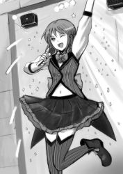 Rule 34 | 1girl, ;d, arm up, back bow, bow, braid, frilled skirt, frills, gacha-m, greyscale, gundam, gundam zz, holding, holding microphone, idol, microphone, midriff, miniskirt, monochrome, navel, one eye closed, open mouth, puru eight, short hair, single braid, sketch, skirt, smile, solo, standing, standing on one leg, stomach, striped clothes, striped thighhighs, thighhighs, vertical-striped clothes, vertical-striped thighhighs, zettai ryouiki