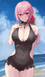 Rule 34 | 1girl, black nails, black one-piece swimsuit, blush, breasts, cleavage, covered navel, cowboy shot, flower, hair between eyes, hair flower, hair ornament, highres, hololive, hololive english, large breasts, long hair, looking at viewer, mori calliope, nail polish, one-piece swimsuit, parted lips, pink hair, red eyes, red flower, red rose, rose, shuuzo3, solo, swimsuit, thigh gap, thighhighs, virtual youtuber