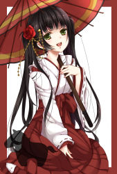 Rule 34 | 1girl, black hair, border, flower, green eyes, hair flower, hair ornament, highres, japanese clothes, long hair, looking at viewer, miko, oil-paper umbrella, open mouth, original, sherypton, simple background, smile, solo, umbrella