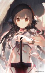 Rule 34 | 1girl, ahoge, animal ears, anju (utawarerumono), artist name, black hair, blush, braid, breasts, brown eyes, brown hair, closed mouth, commentary request, hand on weapon, highres, holding, holding weapon, jewelry, long hair, looking at viewer, multiple braids, small breasts, solo, sword, tail, tatami to hinoki, upper body, utawarerumono, utawarerumono: itsuwari no kamen, v-shaped eyebrows, weapon