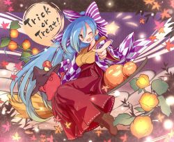 Rule 34 | .live, 1girl, blue hair, boots, bow, broom, broom riding, commentary, english commentary, english text, hair between eyes, hair bow, halloween, highres, jack-o&#039;-lantern, japanese clothes, looking at viewer, one eye closed, open mouth, red eyes, solo, tobi (nekomata homara), virtual youtuber, yamato iori