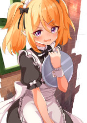 Rule 34 | 1girl, alternate costume, ame., apron, black bow, black dress, blonde hair, blush, bow, brick wall, chloe (princess connect!), commentary request, dress, enmaided, frilled apron, frills, hair between eyes, hair bow, hair ornament, hairclip, hand up, highres, holding, holding tray, looking at viewer, maid, maid apron, maid headdress, nose blush, open mouth, princess connect!, puffy short sleeves, puffy sleeves, purple eyes, short sleeves, solo, tray, twintails, v-shaped eyebrows, wavy mouth, white background, window, wrist cuffs