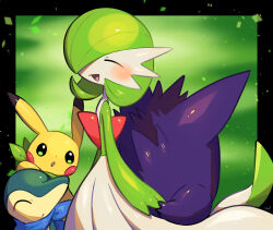 Rule 34 | back-to-back, blue scarf, bob cut, closed eyes, colored skin, creatures (company), cyndaquil, dress, game freak, gardevoir, gen 1 pokemon, gen 2 pokemon, gen 3 pokemon, gengar, ghost, green background, green hair, green scarf, highres, holding hands, multicolored skin, nintendo, nullma, open mouth, pikachu, pokemon, pokemon (creature), pokemon mystery dungeon, scar, scarf, smile, two-tone skin, white dress, white skin