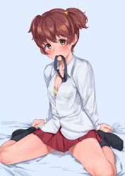 Rule 34 | 10s, 1girl, alisa (girls und panzer), bed, blush, bra, breasts, brown eyes, brown hair, feet, freckles, geregere (lantern), girls und panzer, green bra, hair ornament, highres, looking at viewer, necktie, no shoes, open clothes, open shirt, shirt, skirt, small breasts, socks, solo, spread legs, underwear