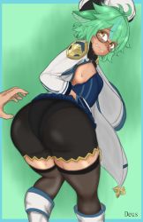 Rule 34 | 1girl, animal ears, ass, bike shorts, blush, breasts, cameltoe, embarrassed, from behind, genshin impact, glasses, gloves, green hair, greenopi, highres, huge ass, long hair, looking at viewer, looking back, low ponytail, shiny clothes, sideboob, solo, sucrose (genshin impact), sweat, thick thighs, thighhighs, thighs, yellow eyes