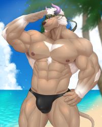 Rule 34 | 1boy, abs, absurdres, animal ears, bara, bare pectorals, beach, black male swimwear, black swim briefs, bulge, camouflage, camouflage headwear, chest hair, cow ears, cow horns, cowboy shot, furry, furry male, hand on own hip, hand up, headband, highres, horns, keijimohumohu, large pectorals, looking to the side, male focus, male swimwear, minotaur, muscular, muscular male, navel, nipples, pectorals, purple eyes, purple horns, shennong (housamo), shennong (summer) (housamo), short hair, smile, solo, stomach, swim briefs, swimsuit, thick thighs, thighs, tokyo houkago summoners, white hair