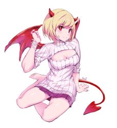 Rule 34 | 1girl, barefoot, blonde hair, breasts, cleavage cutout, clothing cutout, demon girl, demon horns, demon tail, demon wings, horns, looking at viewer, meme attire, miniskirt, open-chest sweater, original, pleated skirt, red eyes, red wings, ribbed sweater, rushi (bloodc), short hair, sitting, skirt, smile, solo, sweater, tail, wings