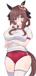 Rule 34 | 1girl, absurdres, animal ears, arm under breasts, blush, breasts, brown hair, buruma, cdsola, closed mouth, commentary request, cowboy shot, ear covers, ear ornament, gentildonna (umamusume), highres, horse ears, horse girl, horse tail, large breasts, long hair, looking at viewer, puffy short sleeves, puffy sleeves, red buruma, red eyes, shirt, short sleeves, simple background, smile, solo, tail, thighhighs, umamusume, white background, white shirt, white thighhighs