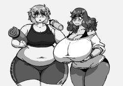 Rule 34 | 2girls, body freckles, bottle, breasts, cleavage, curvy, fat, freckles, gigantic breasts, large breasts, monochrome, multiple girls, off-shoulder sweater, off shoulder, short hair, shorts, sports bra, sportswear, sweater, thick thighs, thighs, wide hips, woot