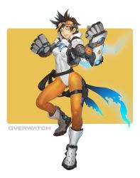 Rule 34 | 1girl, alternate costume, black hair, blue eyes, bodysuit, boots, breasts, brown hair, crossover, ear piercing, full body, fusion, goggles, goggles on head, league of legends, leotard, mechanical arms, medium breasts, nax, overwatch, overwatch 1, piercing, power fist, sash, solo, spiked hair, tracer (overwatch), vi (league of legends)