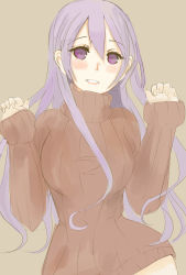 Rule 34 | 1girl, atelier (series), blush, breasts, contrapposto, drawfag, female focus, highres, long hair, naked sweater, pamela ibiss, purple eyes, purple hair, ribbed sweater, smile, solo, standing, sweater, turtleneck