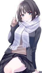 Rule 34 | 1girl, arm support, black coat, black eyes, black hair, black skirt, brown sweater, closed mouth, coat, commentary, hair intakes, hand up, highres, holding own hair, light blush, long sleeves, looking at viewer, misumi (macaroni), mole, mole under eye, open clothes, open coat, original, plaid, plaid scarf, pleated skirt, scarf, school uniform, short hair, simple background, sitting, sitting on object, skirt, sleeves past wrists, solo, sweater, thighs, white background, white scarf