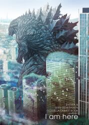 apocalypse bird blue_sky broken_glass broken_window building city cityscape claws cloud day destruction english_text flying giant giant_monster glass godzilla godzilla:_planet_of_the_monsters godzilla_(series) godzilla_earth highres kaiju monster muscular nature no_humans overgrown plant polygon_pictures post-apocalypse real_world_location ruins sky skyscraper spikes suttoko toho tokyo_(city) tokyo_skytree tower