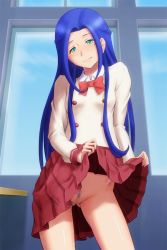 Rule 34 | 1girl, blue hair, bonnie (rsg), bow, bowtie, censored, classroom, closed mouth, clothes lift, collared shirt, cowboy shot, female pubic hair, green eyes, hair intakes, head tilt, imai kotoko, indoors, lifting own clothes, long hair, long sleeves, mewkledreamy, miniskirt, mole, mole under eye, mosaic censoring, no panties, pleated skirt, pubic hair, pussy, red bow, red bowtie, red skirt, shirt, skirt, skirt lift, smile, solo, sparse pubic hair, standing, very long hair, white shirt, wing collar